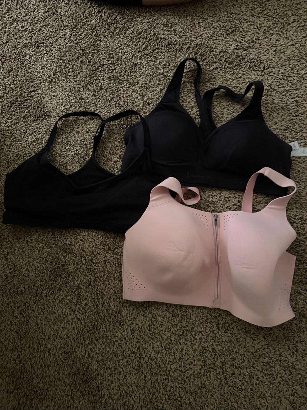 3 PINK Victoria's Secret Black and Light Pink Front-Zip Sports Bra Set